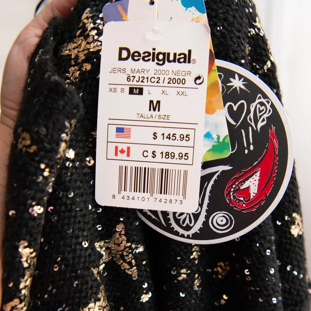 Desigual Sweater NEW Black Gold Celestial Star Whimsigoth Glam Avant Garde Boho